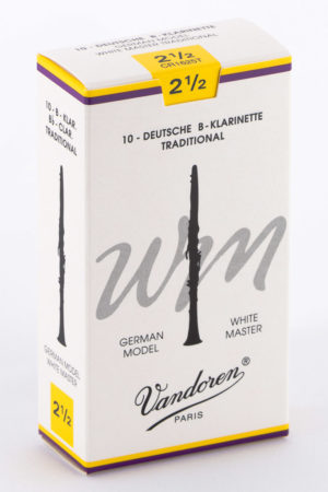 Eine weiße Packung mit gelben Akzenten zeigt eine Abbildung einer Klarinette, den Schriftzug "WM" und den Markennamen Vandoren.