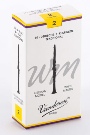 Ein weißer Karton mit gelben Akzenten zeigt eine Packung mit zehn B-Klarinettenblättern der Stärke 2 von Vandoren, mit einer Abbildung einer Klarinette auf der Vorderseite.