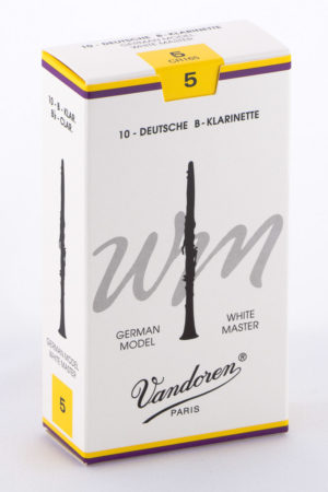 Ein weißer Karton mit gelben und lila Akzenten zeigt ein Bild einer Klarinette und den Schriftzug "Vandoren Paris" mit den Worten "10 - DEUTSCHE B-KLARINETTE", "GERMAN MODEL" und "WHITE MASTER".