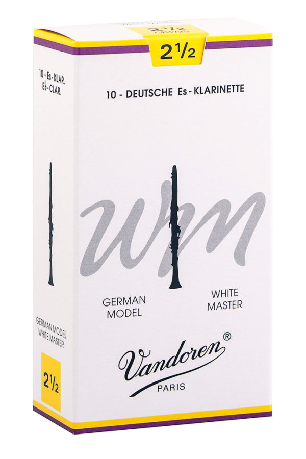 Ein weißer Karton mit gelber und violetter Umrandung zeigt eine Abbildung einer Es-Klarinette, den Schriftzug "WM" in kursiver, serifenloser Schrift, die Produktbezeichnung "Vandoren PARIS" und die Stärke "2 1/2".