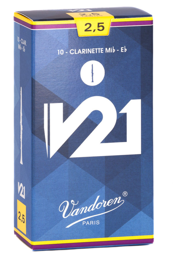 Eine rechteckige, blau-gelbliche Schachtel mit der Aufschrift "Vandoren Paris V21" für 10 Klarinettenblätter der Stärke 2,5 ist vor einem weißen Hintergrund abgebildet.