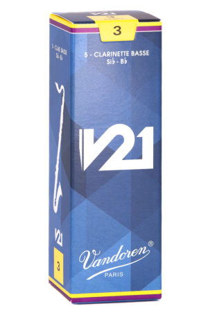 Ein hochkantiger, rechteckiger Karton in Blau mit gelben, weissen und violetten Akzenten, zeigt das Produkt Vandoren V21 B-Klarinettenblätter der Stärke 3.