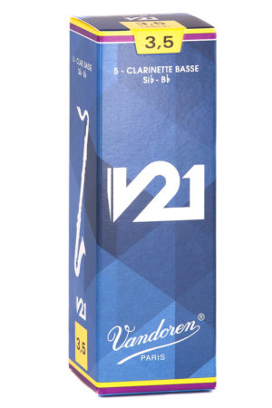 Eine rechteckige, blaue Verpackung für Klarinettenblätter der Marke Vandoren V21 in der Stärke 3,5 ist auf weißem Grund abgebildet, wobei die gelbe Oberseite und der gelb-lila Boden der Verpackung sichtbar sind.