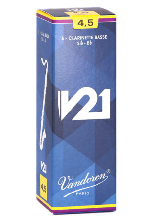 Eine rechteckige, blau-gelbe Packung mit der Aufschrift "V21 Vandoren Paris" enthält Klarinettenblätter der Stärke 4,5.
