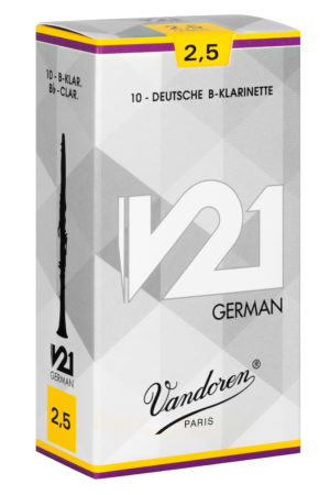 Ein länglicher, dreidimensionaler Karton in Weiß und Violett, beschriftet mit "Vandoren Paris", "V21 German" und "2.5", zeigt eine stilisierte Klarinette auf der linken Seite.