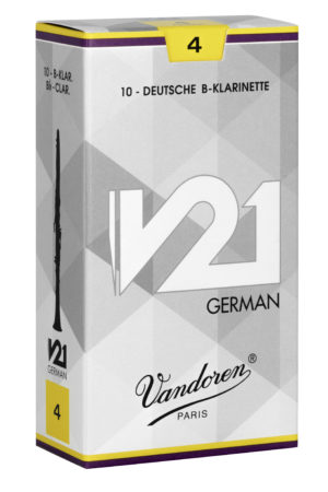 Eine grau-weiße Verpackung mit dem Logo "V21 German" und dem Schriftzug "Vandoren Paris" enthält zehn deutsche B-Klarinetten Blätter der Stärke 4.