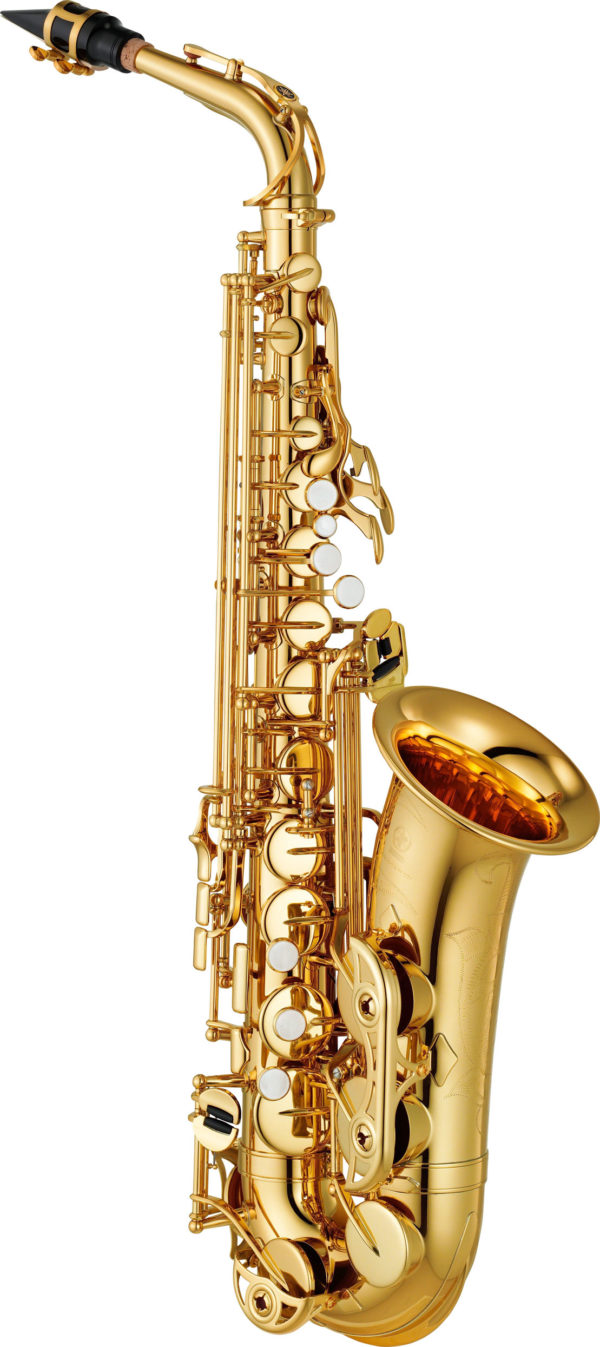 Das Bild zeigt ein goldenes Altsaxophon auf einem weißen Hintergrund.