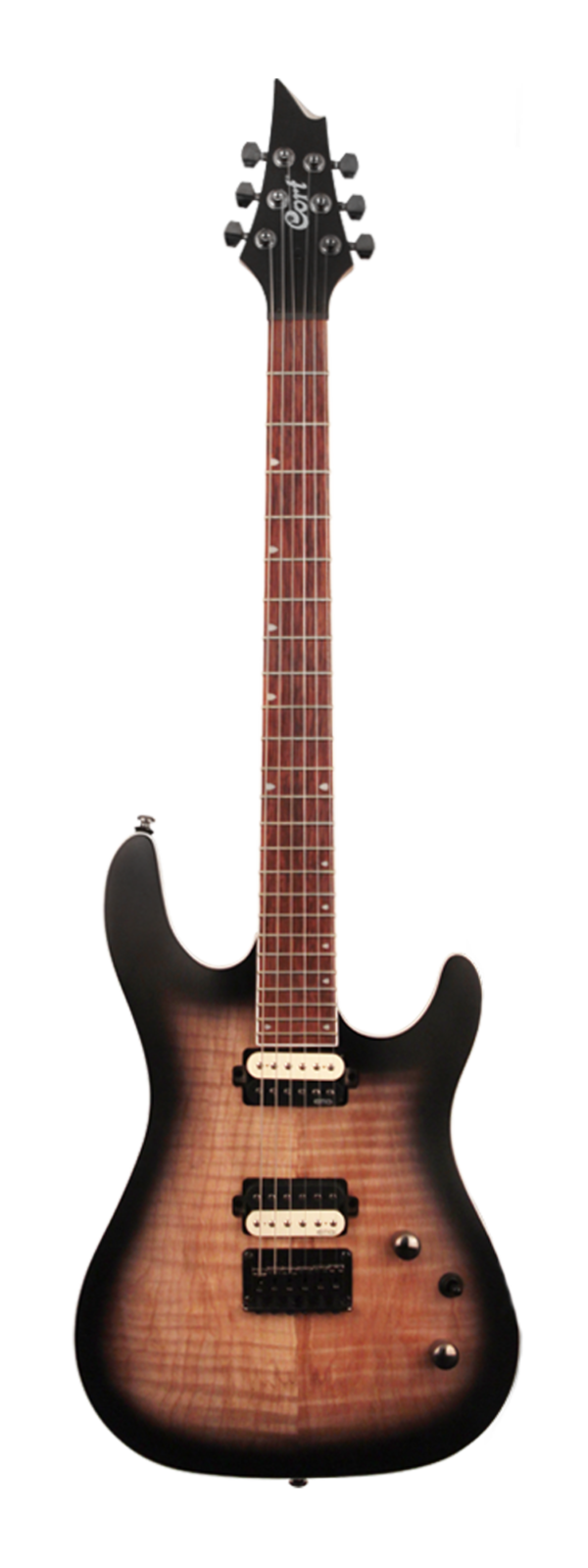 Das Bild zeigt eine Cort KX300 Open Pore Raw Burst E-Gitarre mit einem braun bis schwarz verlaufenden Korpus und einem braunen Gitarrenhals.