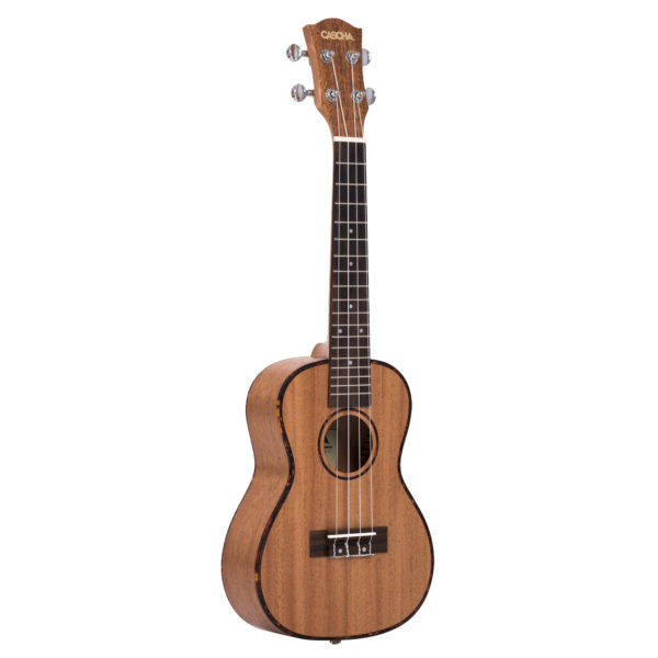 Das Bild zeigt eine Cascha HH2036 Ukulele in hellbrauner Holzoptik mit dunkleren Rändern und einem dunklen Griffbrett.
