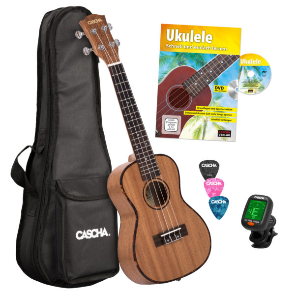 Das Bild zeigt ein Cascha HH2036 Ukulele Bundle, bestehend aus einer braunen Ukulele, einer schwarzen Tragetasche mit dem Cascha-Logo, einem Ukulele-Lehrbuch mit DVD, drei Plektren in Schwarz, Rosa und Blau sowie einem Stimmgerät.