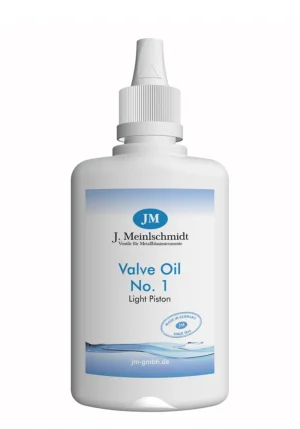 Eine weiße Kunststoffflasche mit spitzem, weißem Verschluss, etikettiert mit "JM J. Meinlschmidt Valve Oil No. 1 Light Piston" in blauer Schrift über einer blau-weißen Grafik.