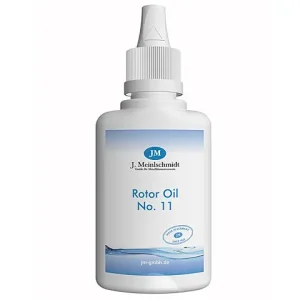 Das Bild zeigt eine weiße Kunststoffflasche mit einem weißen Schraubverschluss, die mit einem Etikett versehen ist, das die Aufschrift "JM J. Meinlschmidt Rotor Oil No. 11" trägt.