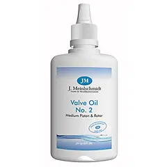 Eine weiße Plastikflasche mit einem weißen Aufsatz, gekennzeichnet als JM Valve Öl No. 2 für Medium Piston & Rotor, etikettiert mit dem J. Meinlschmidt-Logo und einer blauen Wasserwellen-Illustration.