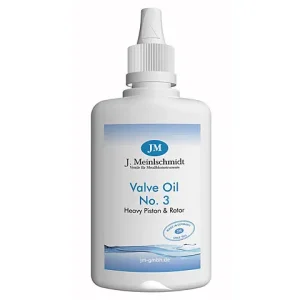 Eine weiße Plastikflasche JM Valve Öl No. 3 - Synthetic Heavy Piston & Rotor mit einem weißen Verschluss und einem blau-weißen Etikett mit der Aufschrift "JM J. Meinlschmidt Valve Oil No. 3 Heavy Piston & Rotor" und einer stilisierten Wasserlinie am unteren Rand.