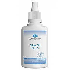 Eine weiße Plastikflasche JM Slide Oil No. 5 – Synthetic mit blauem Etikett und weißem Schraubverschluss mit Dosierspitze steht auf einem weißen Hintergrund.