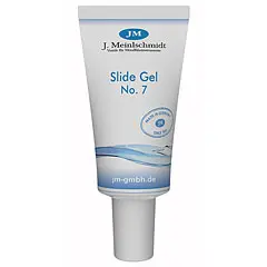Eine weiße Tube "JM Slide Gel 7 – Synthetic" mit blauem Logo und Schriftzug steht auf einem weißen Verschluss.
