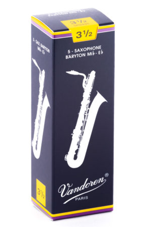 Eine längliche, dunkelblaue Kartonverpackung von Vandoren Paris für 5 Bariton-Saxophon-Blätter der Stärke 3,5 ist auf einem weißen Hintergrund zu sehen.