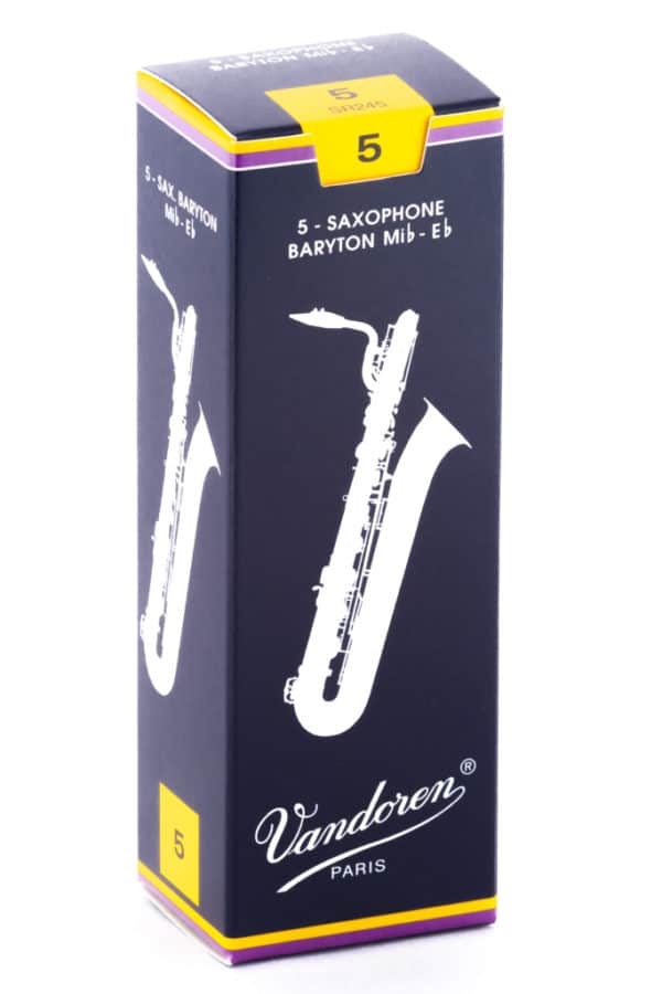 Eine längliche, dunkelblau-gelbe Pappschachtel von Vandoren Paris für 5 Bariton-Saxophon Blätter Größe 5 ist vor einem weißen Hintergrund abgebildet.