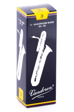 Eine schmale, hochformatige, dunkelblaue Verpackung für Vandoren B-Saxophon-Blätter der Stärke 3 ist auf weißem Grund abgebildet, mit einem weißen Saxophon-Umriss und dem Vandoren-Logo in weißer Schrift.