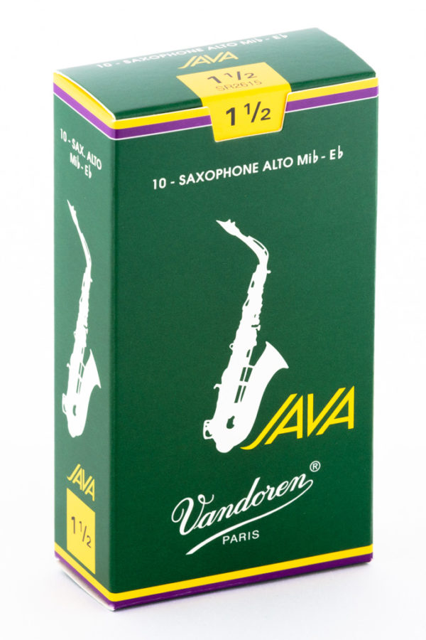 Eine grüne Schachtel mit gelben und violetten Akzenten, beschriftet mit "JAVA Vandoren PARIS" und einer stilisierten Darstellung eines Saxophons, steht auf einem weißen Hintergrund.