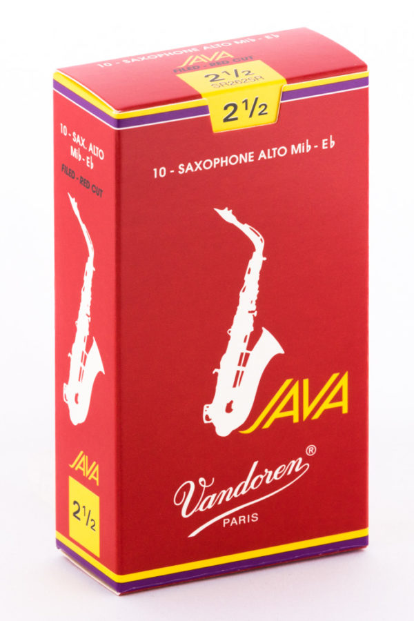 Eine rote Schachtel mit gelber Aufschrift und einer Abbildung eines Saxophons enthält 10 Saxophonblätter der Stärke 2 1/2 für ein Altsaxophon.