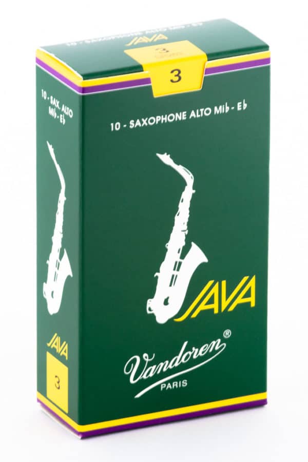 Eine grüne Schachtel mit der Aufschrift "JAVA 10-SAXOPHONE ALTO Mib-Eb" und dem Bild eines Saxophons ist vor einem weißen Hintergrund abgebildet.