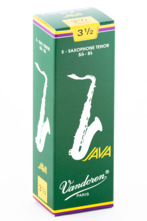 Abgebildet ist eine grüne Verpackung für fünf Vandoren JAVA Tenorsaxophon-Blätter der Stärke 3 1/2 mit einem weißen Saxophonsymbol und goldfarbenen Akzenten auf einem weißen Hintergrund.