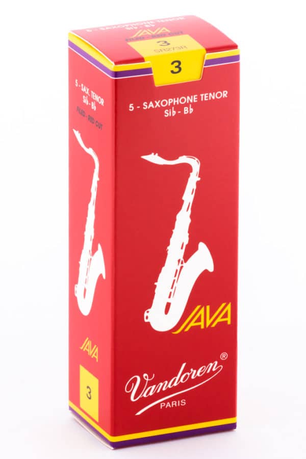 Eine rote Verpackung für Vandoren JAVA Tenorsaxophon-Blätter in der Stärke 3.