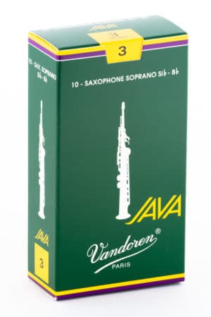 Ein rechteckiger, dunkelgrüner Karton mit gelbem Rand zeigt ein weißes Saxophon, den Schriftzug "JAVA Vandoren PARIS" und die Zahl "3" in Gelb.