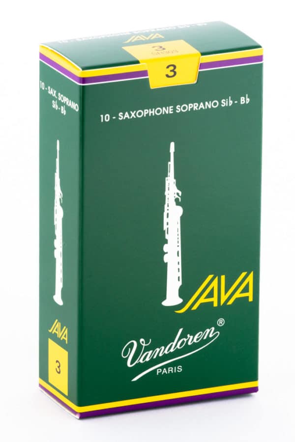 Ein rechteckiger, dunkelgrüner Karton mit gelbem Rand zeigt ein weißes Saxophon, den Schriftzug "JAVA Vandoren PARIS" und die Zahl "3" in Gelb.