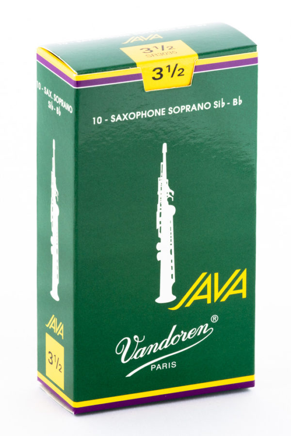 Eine rechteckige, dunkelgrüne Schachtel mit gelben Elementen, auf der ein Sopransaxophon abgebildet ist und die Aufschrift "Vandoren Paris, JAVA, 3 1/2, 10 - Saxophone Soprano Si b - Bb" trägt.