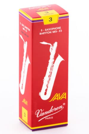 Eine rote, längliche Verpackung für Vandoren JAVA Blätter für Baritonsaxophon der Stärke 3 zeigt ein stilisiertes, weißes Saxophon und den Markennamen in Weiß.
