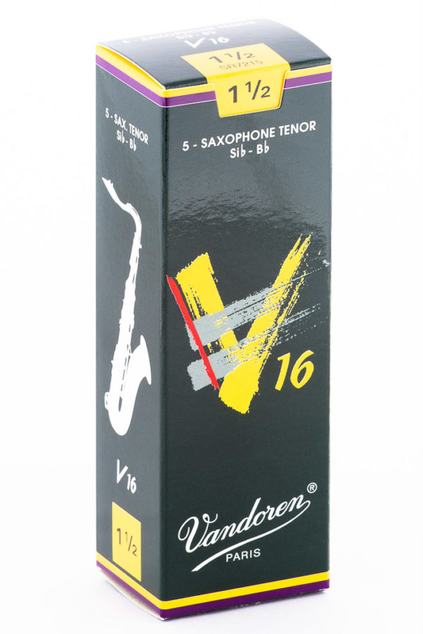 Eine dunkelgrüne Verpackung von Vandoren V16 Tenorsaxophonblättern mit der Stärke 1 1/2 zeigt ein gelb-rotes V-Logo und eine Saxophonsilhouette.