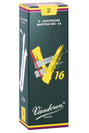 Eine längliche, dunkelgrüne Schachtel mit gelber und roter Grafik, der Aufschrift "Vandoren PARIS" und der Bezeichnung "S-SAXOPHONE BARYTON Mib-Eb" ist abgebildet.