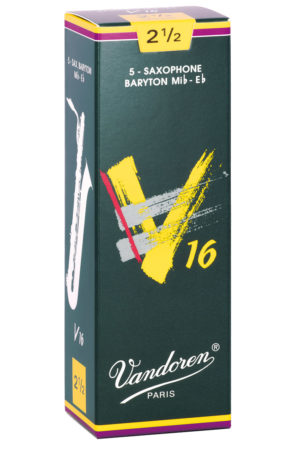 Eine hochformatige, dunkelgrüne Schachtel mit lilafarbenen Akzenten zeigt die Aufschrift "Vandoren Paris" und Grafiken, die ein gelbes "V", schwarze Striche und die Zahl "16" darstellen, und kennzeichnet das Produkt als 5-Saxophon Blätter für ein Baritonsaxophon.