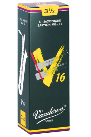 Eine dunkelgrüne Kartonschachtel mit der Aufschrift "Vandoren Paris" enthält fünf Bariton-Saxophon-Blätter der Stärke 3 1/2.