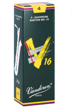 Eine dunkelgrüne Verpackung mit gelben Akzenten und der Aufschrift "Vandoren Paris V16" enthält Saxophonblätter der Stärke 4 für ein Bariton-Saxophon.