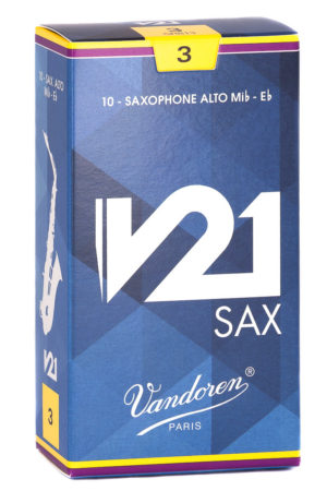 Eine rechteckige, blau-gelbe Verpackung für Vandoren V21 Saxophonblätter der Stärke 3 ist auf dem Bild zu sehen.
