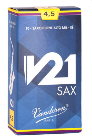 Eine dunkelblaue, rechteckige Schachtel für 10 Saxophonblätter der Stärke 4,5 der Marke Vandoren ist mit weißer Schrift und einem weißen Saxophon-Symbol bedruckt und zeigt ein geometrisches Muster aus blauen und lila Trapezen.