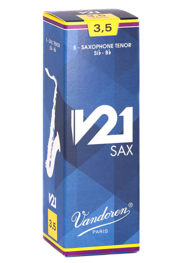 Eine rechteckige, blau-gelbliche Pappverpackung für Vandoren V21 Saxophonblätter, Stärke 3.5, ist vor einem weißen Hintergrund abgebildet.