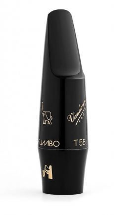 Das schwarze Vandoren Tenorsaxmundstück Jumbo Java T55 zeigt goldene Aufdrucke mit Elefant, Schriftzug und Notensymbol.