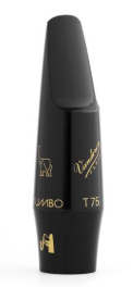 Abgebildet ist ein schwarzes Vandoren Tenorsaxmundstück Jumbo Java T75, das mit goldenen Schriftzügen und Logos versehen ist.