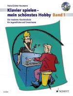 Das Cover der "Klavierschule Klavierspielen - mein schönstes Hobby Band 1" von Hans-Günter Heumann zeigt eine stilisierte Illustration eines Mannes in roter Jacke beim Klavierspielen, während eine blondhaarige Frau in einem schwarzen Kleid neben ihm steht, umrahmt von einer türkisfarbenen Dekoration.