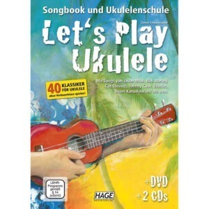 Das Cover des "Let's Play Ukulele Songbook und Ukulelenschule" zeigt eine orangefarbene Ukulele, die von Händen gehalten wird, mit Palmen im Hintergrund und Schriftzügen in Weiß und Gelb, inklusive Hinweisen auf eine beiliegende DVD und zwei CDs.