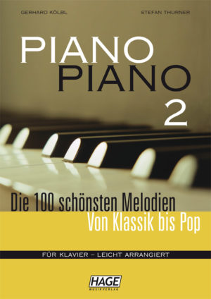 Das Cover des Liederbuchs "Piano Piano 2 Songbook für Klavier" zeigt einen gelbgrauen Hintergrund mit einem Ausschnitt von Klaviertasten im oberen Bereich und gelber Schrift, die den Titel und weitere Informationen enthält.
