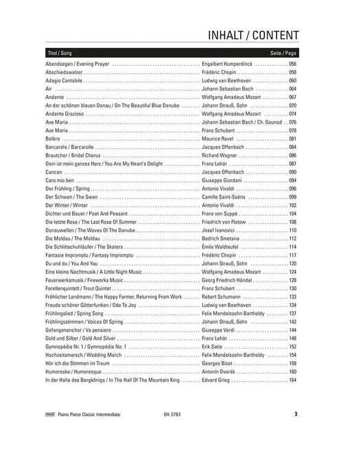 Schwarz-weiße Abbildung einer Inhaltsangabe des "Piano Piano Classic Songbook für Klavier", die eine Liste von Liedtiteln mit zugehörigen Komponisten und Seitenzahlen enthält.