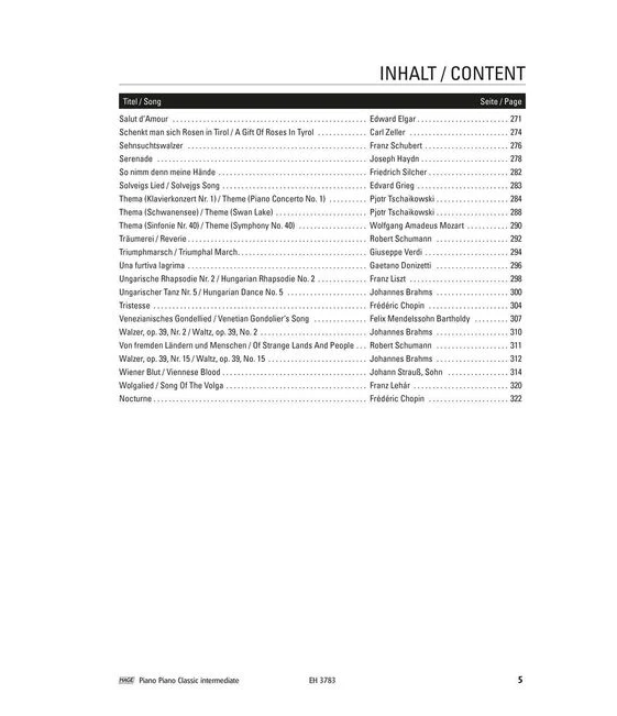 Das Bild zeigt eine weiße Seite aus dem "Piano Piano Classic Songbook für Klavier" mit dem Inhaltsverzeichnis, das in schwarzer Schrift Titel, Komponist und Seitenzahl verschiedener klassischer Musikstücke auflistet.