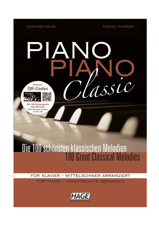 Das Cover des "Piano Piano Classic Songbook" in Schwarz, Weiß und Brauntönen zeigt eine Nahaufnahme von Klaviertasten und bewirbt "Die 100 schönsten klassischen Melodien" in mittelschweren Arrangements.