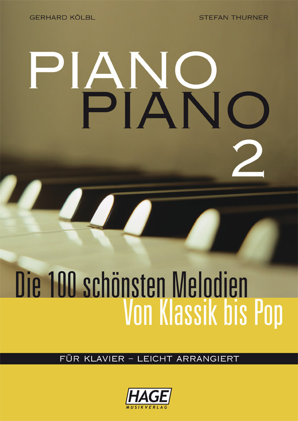 Das Cover des Liederbuchs "Piano Piano 2 Songbook für Klavier" zeigt einen gelbgrauen Hintergrund mit einem Ausschnitt von Klaviertasten im oberen Bereich und gelber Schrift, die den Titel und weitere Informationen enthält.