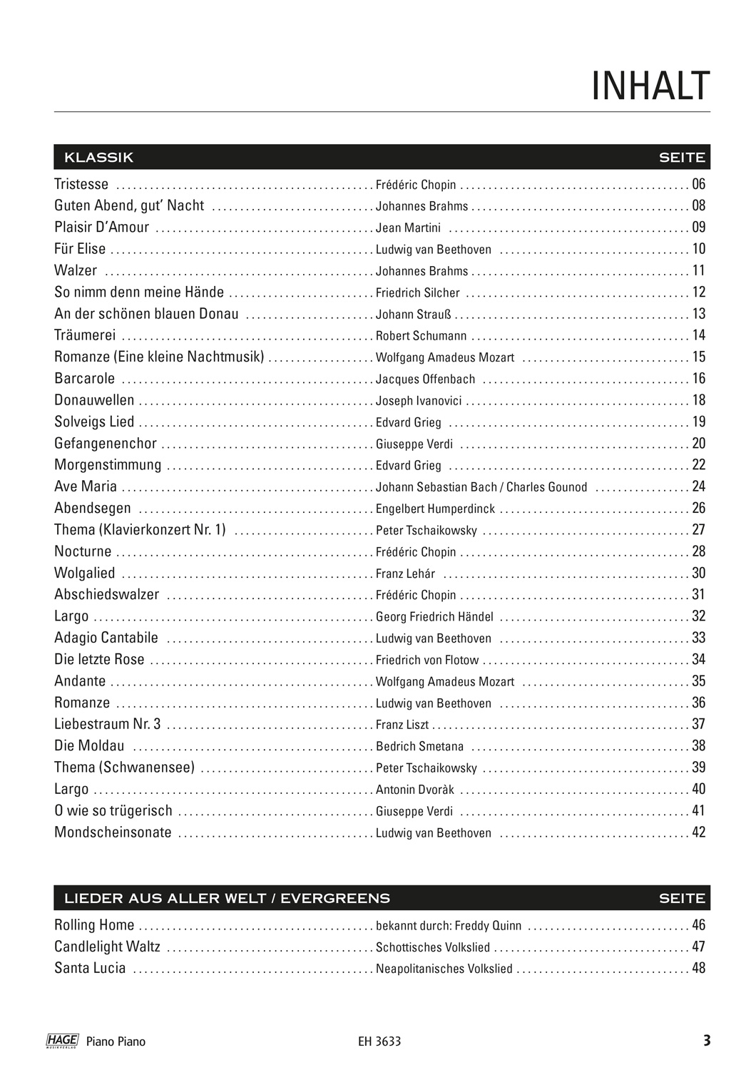 Der Textauszug zeigt das Inhaltsverzeichnis des "Piano Piano 1 Songbook für Klavier" mit Titeln klassischer Stücke und Evergreens aus aller Welt, jeweils mit Komponist und Seitenzahl angegeben, vor einem weißen Hintergrund.